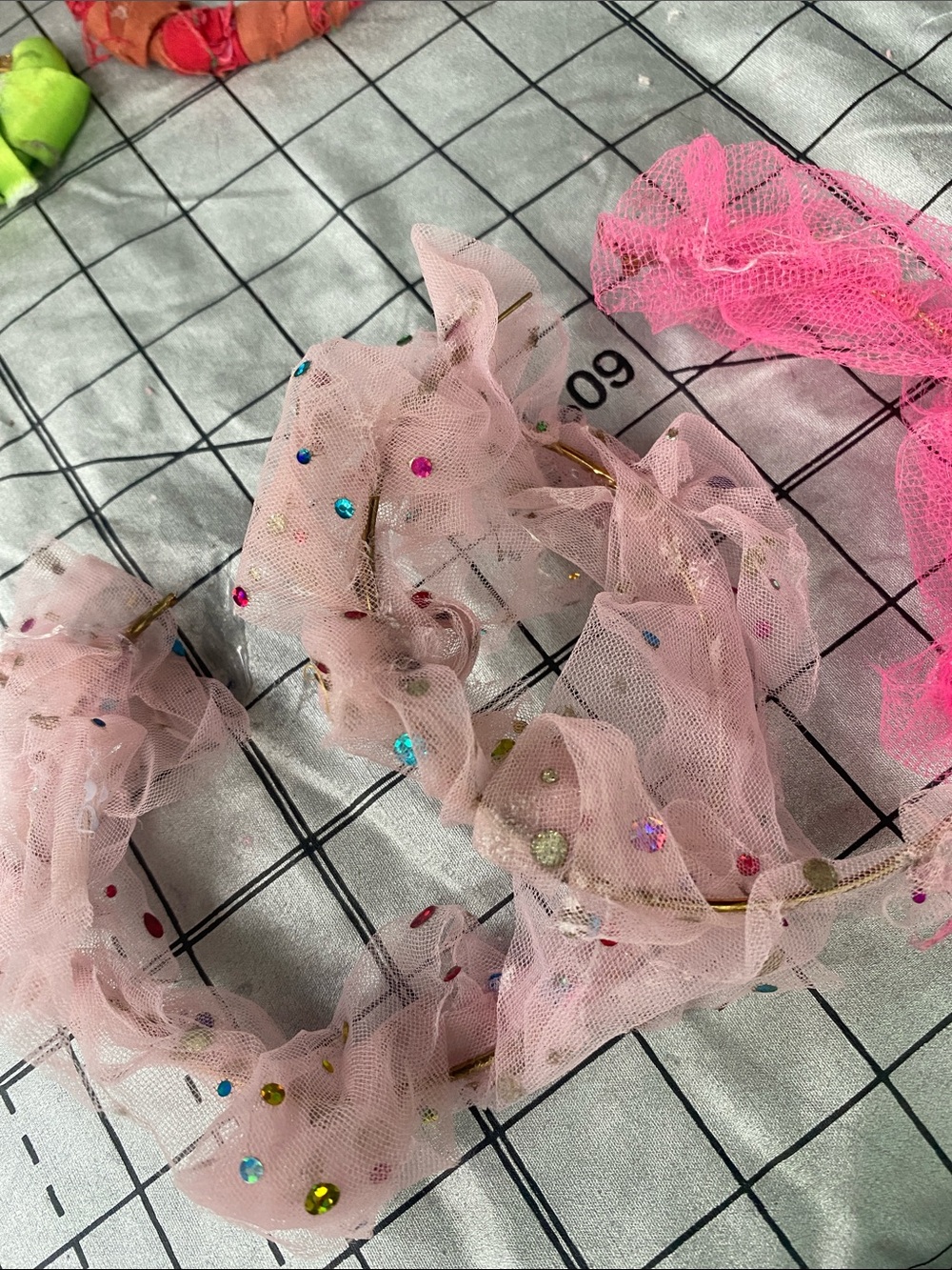 Pink Tulle Ruffled Headband with Multicolor Gem Details